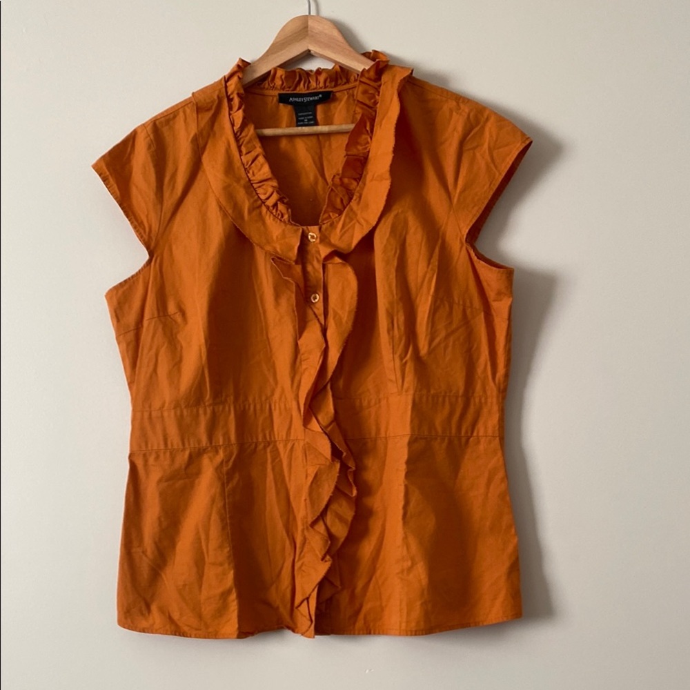Ashley Stewart Orange Ruffled V-Neck Cap Sleeve Blouse. Size 16